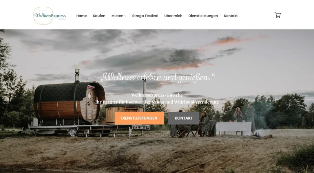 Startseite der Website wellnessexpress-gutsche.de mit mobiler Sauna und Whirlpool am Strand